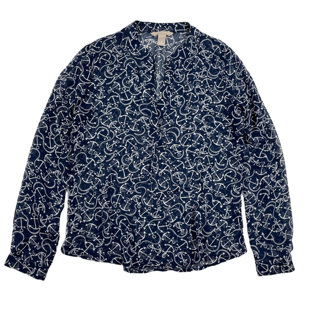 Banana Republic Sz PS Petites Small Navy Sheer Chiffon Anchor Blouse Nautical